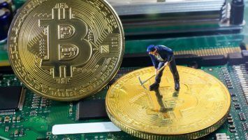 A little miner is digging for bitcoin with graphic card. conceptual image for bitcoin mining and crypto currency.