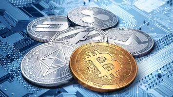 stack of cryptocurrencies: bitcoin, ethereum, litecoin, monero, dash, and ripple coin together