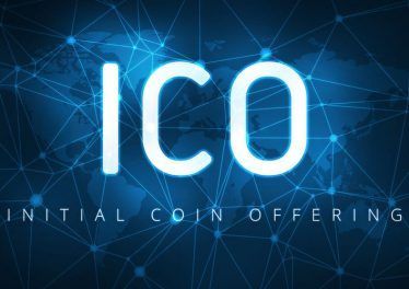 ICO initial coin offering futuristic hud background with world map and blockchain peer to peer network. Global cryptocurrency ICO coin sale event - blockchain business banner concept.