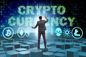 Concept of various cryptocurrencies and man