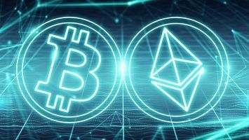 Clash of Bitcoin and Ethereum symbols on abstract blue background. Competing cryptocurrencies concept.