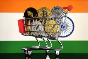 Shopping Trolley full of physical version of Cryptocurrencies (Bitcoin, Litecoin, Dash, Ethereum) and India Flag.
