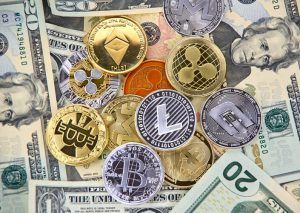 Bitcoin, Litecoin, Dash, Monero and Ethereum crypto currency coins over american USD dollars