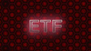 ETF on red cryptocurrency background.