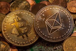 bitcoin, ethereum and euro coin mix on circuit. 