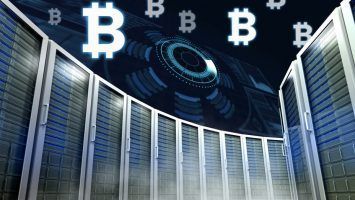 Digital composite of Computer servers and bitcoin technology information interface