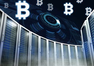 Digital composite of Computer servers and bitcoin technology information interface