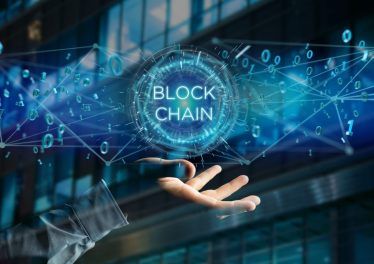 View of a Blockchain title with 0 and 1 data flying over