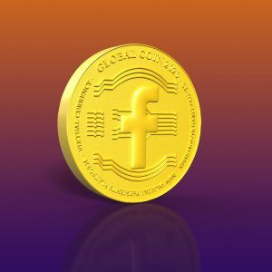 Gold coin on an orange and purple gradient background with a global coin 2020 concept and Facebook icon as cryptocurrency becomes mainstream